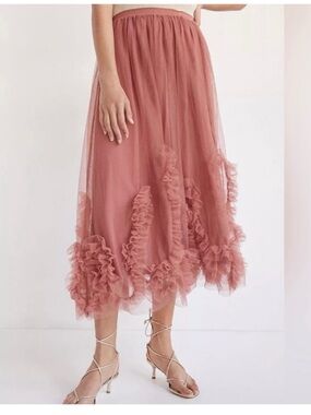 Anthropologie Felicity Rose Pink Ruffle Tulle Midi Skirt